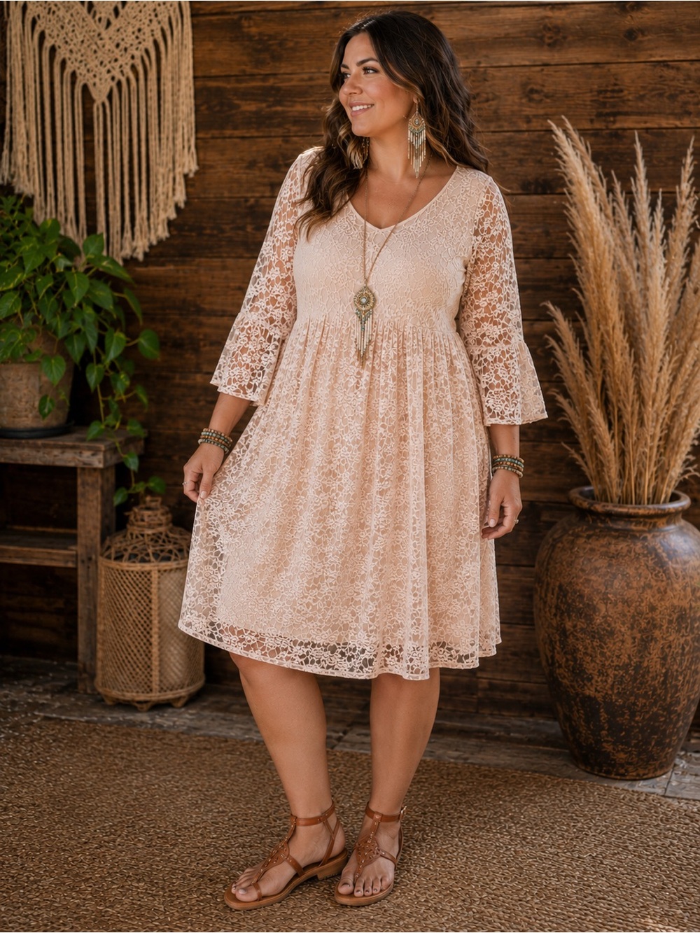 Jody California XL Plus Size Lace Midi Dress in Blush Tan White